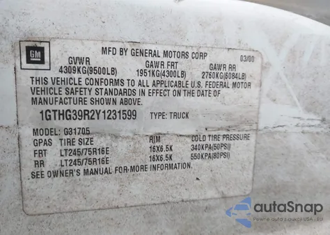 2000 GMC Savana Standard z USA, uszkodzony, nr VIN 1GTHG39R2Y1231599